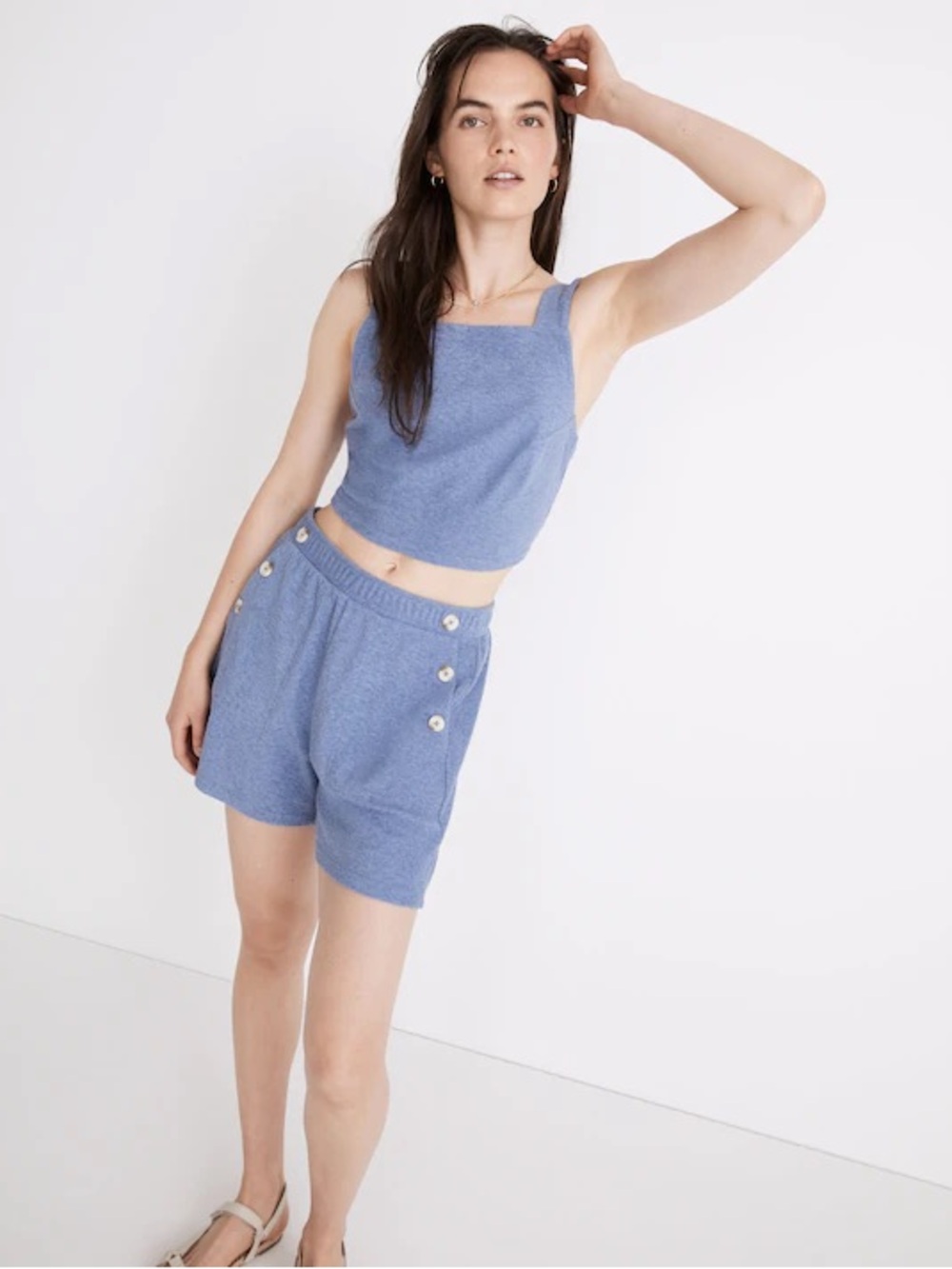 Madewell blue terry back tie top pull up shorts set M NWT